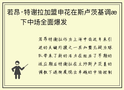 若昂·特谢拉加盟申花在斯卢茨基调教下中场全面爆发 若昂·特谢拉加盟申花在斯卢茨基调教下中场全面爆发