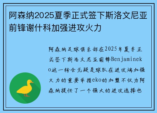 阿森纳2025夏季正式签下斯洛文尼亚前锋谢什科加强进攻火力